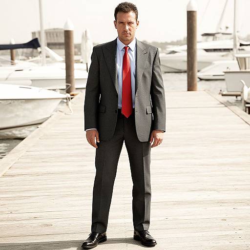 Photograph of a serious middle-aged man in a dark gray suit, white shirt, and red tie, standing on a bright, sunlit marina