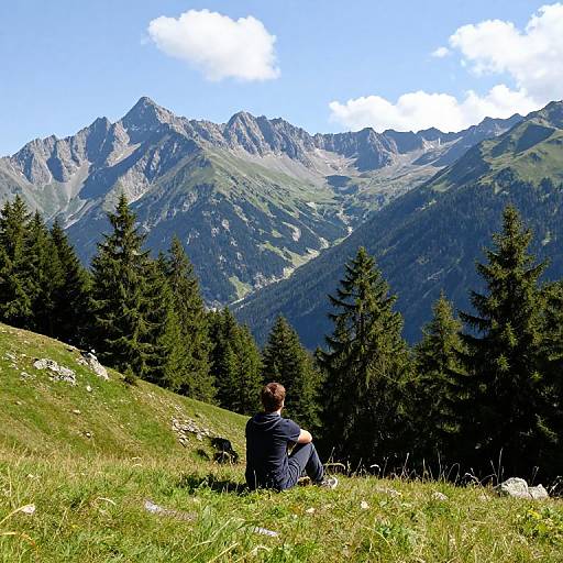 Photograph of a man in a dark shirt and pants sitting on a grassy mountain slope, facing towering, sunlit alpine peaks and dense ever