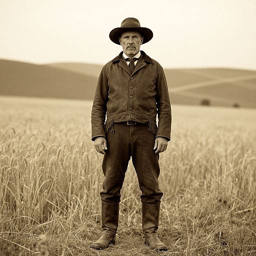 Sepia-toned photograph of an elderly man in a dark brown cowboy outfit, wide-brimmed hat, standing in a vast, golden wheat field