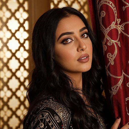 Photograph of a beautiful Middle Eastern woman with long black hair, brown eyes, and glossy lips, wearing an ornate black top, standing against a