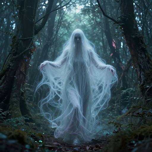 Photograph of a ghostly figure with a white, flowing, ethereal cloak standing in a dark, misty forest, arms outstretched.