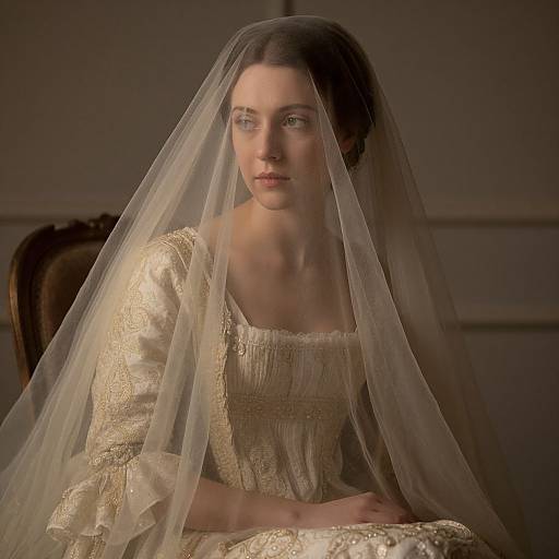 Photograph of a fair-skinned woman with green eyes wearing an elegant, cream-colored lace wedding dress and sheer veil, sitting in a dimly lit