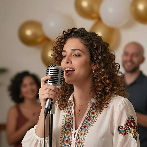 Woman Singing into Vintage Microphone at Party