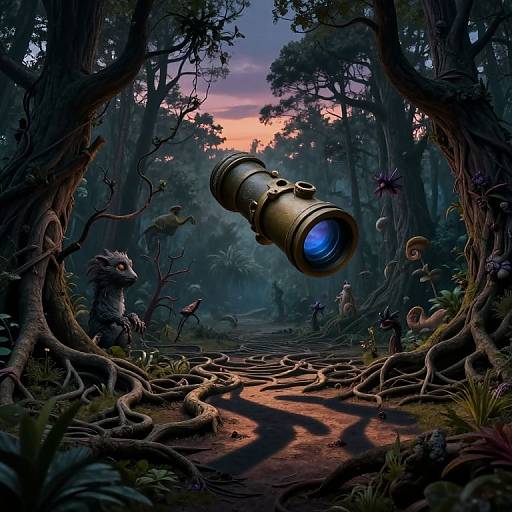 Fantastical forest scene with a floating, glowing blue lens in the center, surrounded by whimsical creatures, twisted trees, and vibrant sunset light.