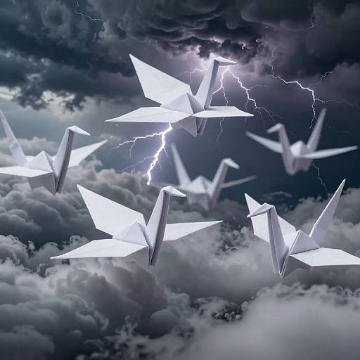 Surreal Origami Cranes in Storm