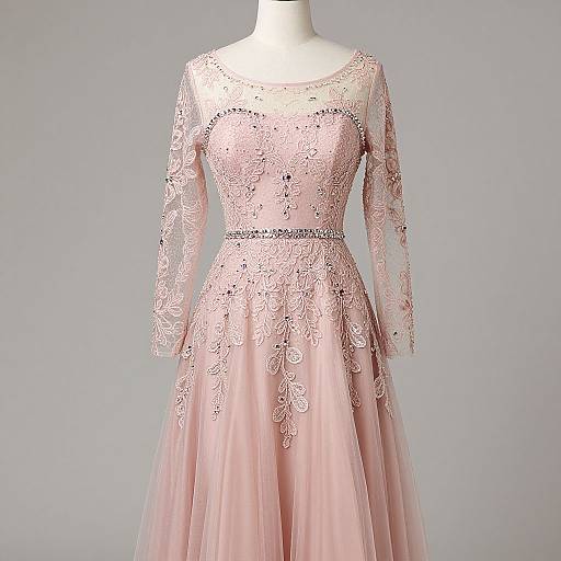 Photograph of a pastel pink, long-sleeved, lace-embellished ball gown with a sheer overlay and delicate silver beaded belt