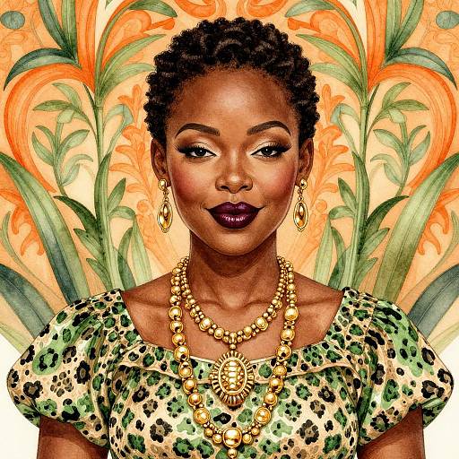 Digital artwork of a confident Black woman with short curly hair, dark lipstick, gold jewelry, leopard print dress, against an orange floral background.