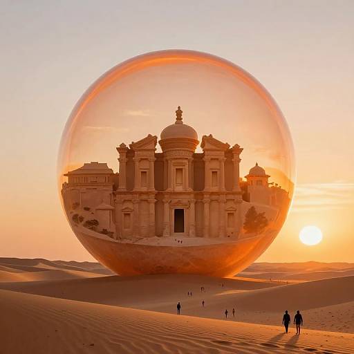 Photorealistic CGI: Baroque church encased in a glowing orange sphere in a desert at sunset, with small silhouetted figures walking.