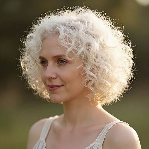 Photograph of a fair-skinned woman with short, bright white curly hair, wearing a sleeveless white top, smiling softly against a blurred green outdoor