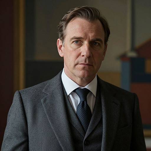Photograph of a serious middle-aged white man with brown hair, wearing a dark gray suit, white shirt, and black tie, against a blurred indoor