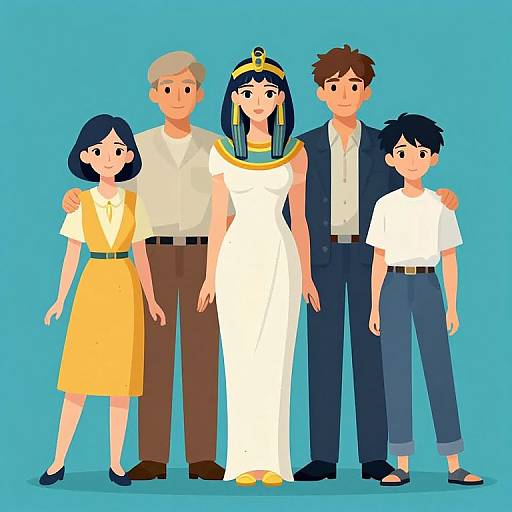 Digital illustration of a family: gray-haired father, black-haired egyptian-style mother in white dress, brown-haired son in blue suit, black-haired