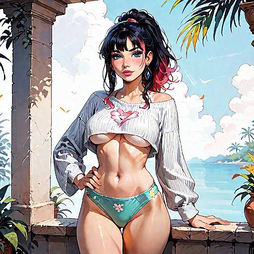 Woman in Crop Top and Bikini Bottoms on Tropical Terrace