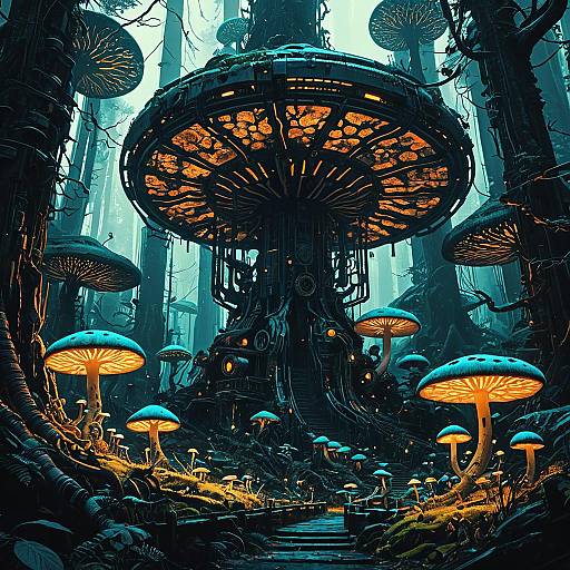 Cyberpunk Biomechanical Forest with Glowing Mushrooms