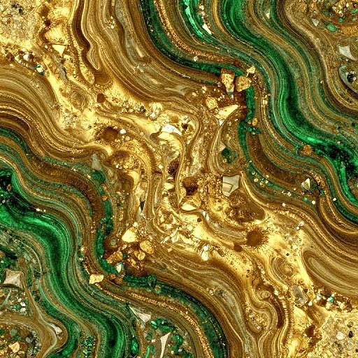 Abstract digital art featuring swirling, wavy patterns in gold, green, and brown with textured, marbled effects and scattered geometric shapes.