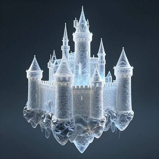 Digital CGI image of a glowing, ethereal, translucent castle with multiple towers and turrets, floating against a dark blue background.