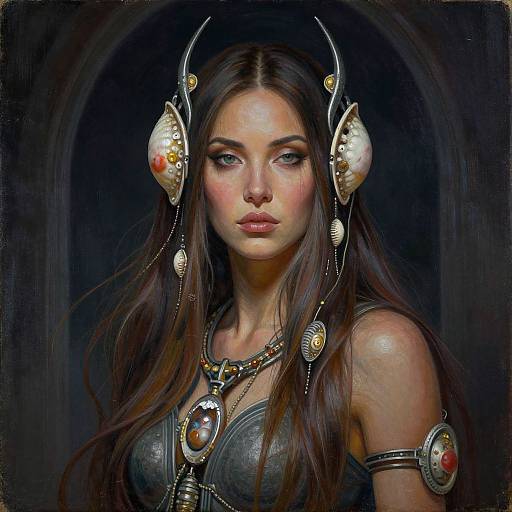 Digital painting of a beautiful woman with long brown hair, wearing ornate, gold and white headgear and jewelry, set against a dark, arched