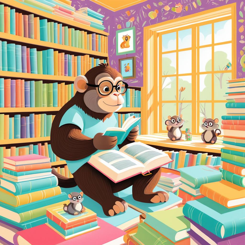 Monkey Reading in a Cozy Library