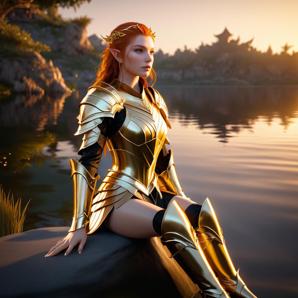 Ethereal Redhead Elf Warrior by the Lake