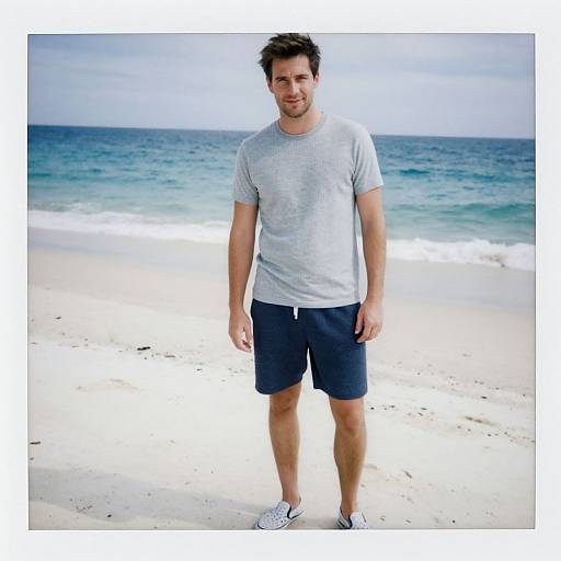 Man Standing on Sandy Beach with Turquoise Waves