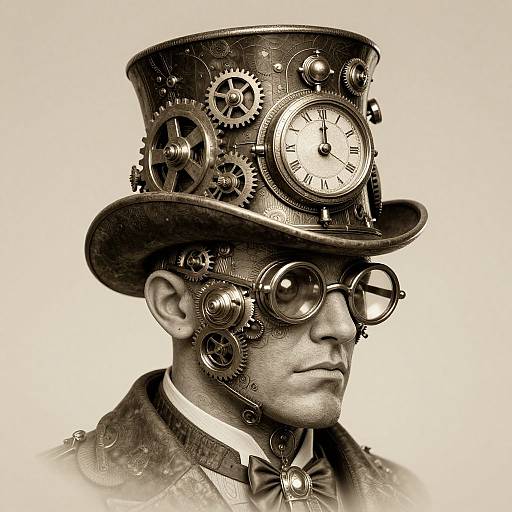 Sepia-toned photograph of a man in steampunk attire, featuring a top hat with gears and clock, round goggles, and bow tie.
