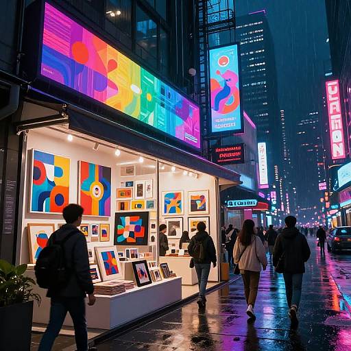 Nighttime city street photograph of a brightly lit art gallery with colorful abstract paintings, surrounded by neon signs, wet pavement, and passing pedestrians.