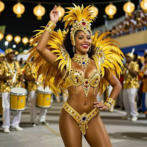 Photograph of a smiling African-American woman in a vibrant, gold feathered Carnival costume, adorned with jewels and red accents, dancing on a street at