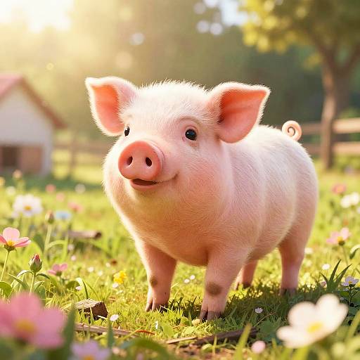 Playful Pink Piglet in Sunlit Farmyard