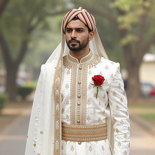 Indian Groom in Traditional White Gold Sherwani