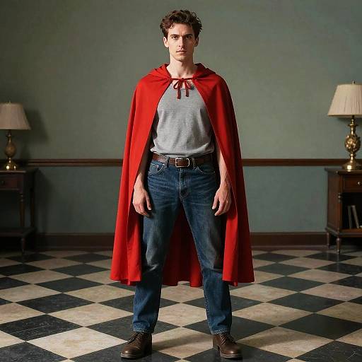 Man in Red Cape Standing on Checkered Floor