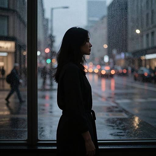 Photograph of a silhouette of a woman with shoulder-length dark hair standing by a rainy city window, reflecting colorful street lights.