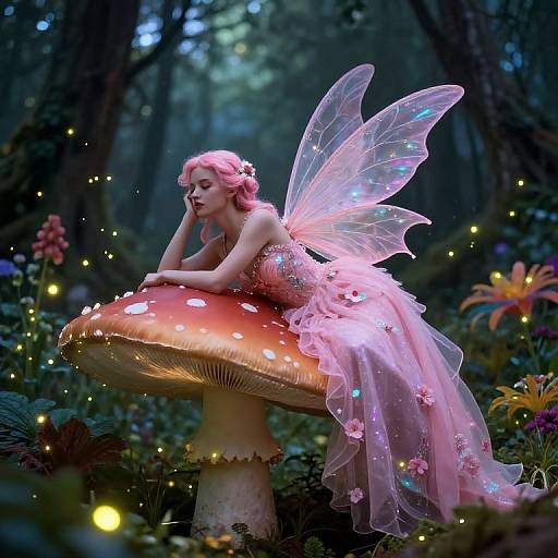 Photograph-style digital art of a pink-haired fairy with iridescent wings, wearing a sparkling pink dress, sitting on a glowing mushroom in a magical