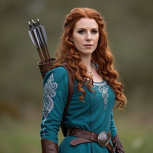 Photograph of a red-haired woman with wavy hair, wearing a teal medieval dress with white embroidery, brown leather belt, and quiver of arrows