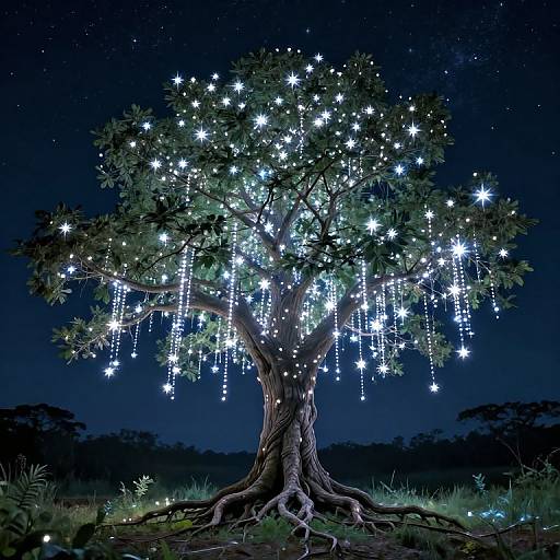 Photograph of a glowing tree at night, adorned with bright white star-like lights and hanging crystal-like ornaments, set against a dark, starry sky
