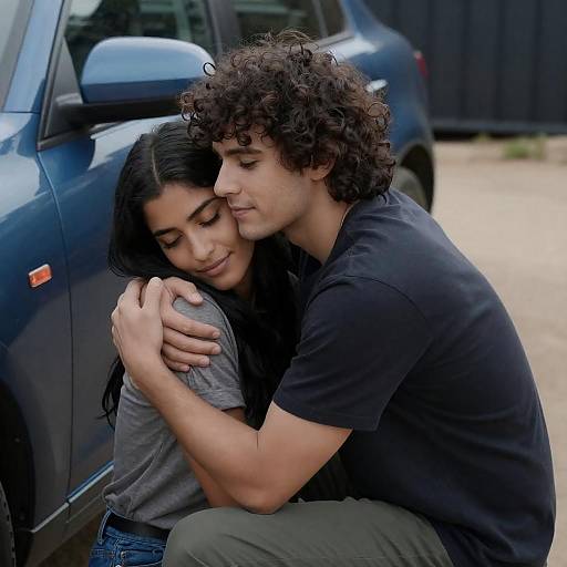 Outdoor Embrace by a Blue Car