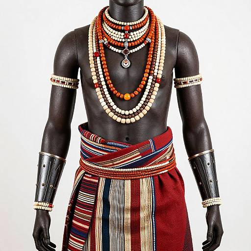 Photograph of a black mannequin wearing traditional African attire: red and striped cloth skirt, multiple beaded necklaces, arm bands, and bracelets