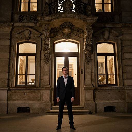 Photograph of a serious man in a black suit standing in front of a grand, lit, ornate stone building at night.