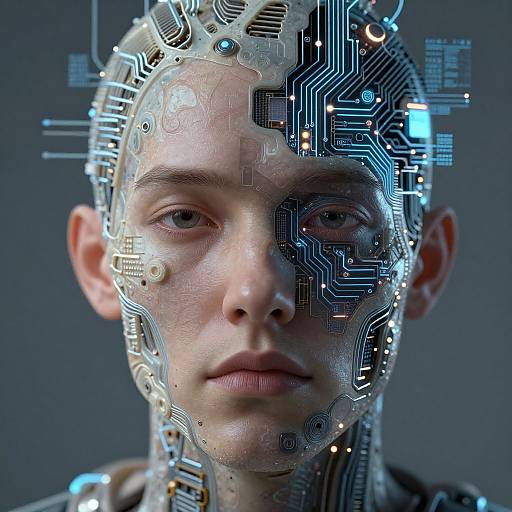 Digital CGI portrait of a pale-skinned, bald humanoid with cybernetic circuits and wires overlaying the right half of the face, against a dark