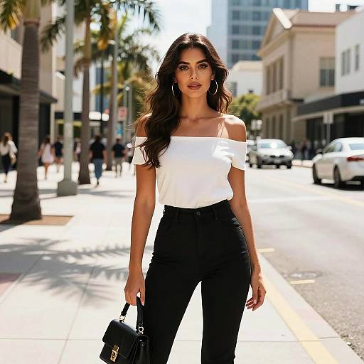 Chic Woman on Sunlit Palm Street