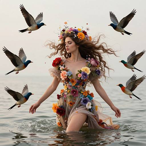 Ethereal Woman in Floral Water Scene