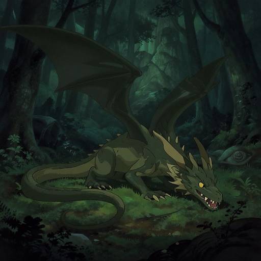 Digital drawing of a dark green, yellow-eyed dragon with black wings and horns lying on green grass in a dense, shadowy forest.