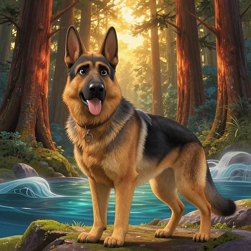 Digital painting of a happy German Shepherd standing in a sunlit forest clearing by a blue, sparkling stream with glowing waterfalls.