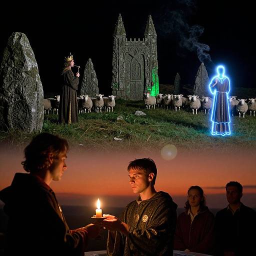 Photograph of illuminated night scene: medieval church, glowing sheep, rock monuments, blue haloed figure, foreground people holding candles, sunset sky.