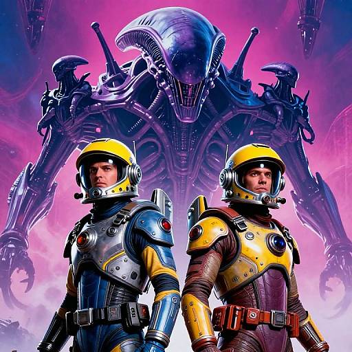 Digital artwork of two human astronauts in yellow and blue suits, standing back-to-back against a towering, menacing alien creature with a glowing pink and purple background