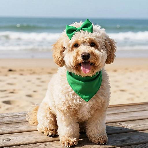 Fluffy Dog with Green Bow at Beach