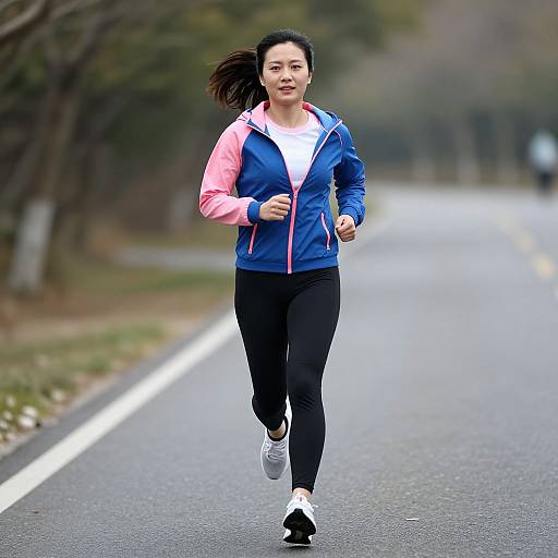Photograph of a determined Asian woman jogging on a deserted, tree-lined road. She wears a blue and pink jacket, white shirt, black pants,