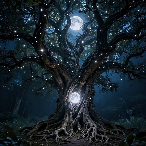 Mystical digital artwork of a dark, twisted tree with glowing full moon and stars in its branches, set in a moonlit forest.