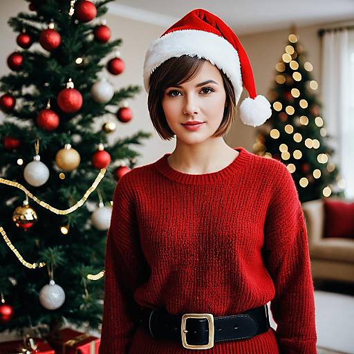 Woman in Christmas Outfit with Santa Hat