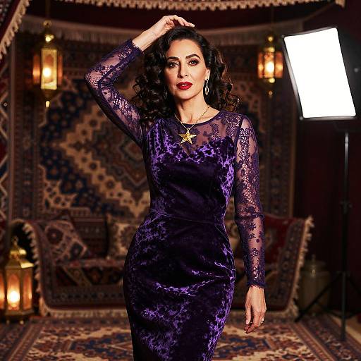 Photograph of a confident woman with dark curly hair, wearing a purple lace dress and star necklace, posing in a richly decorated, dimly lit