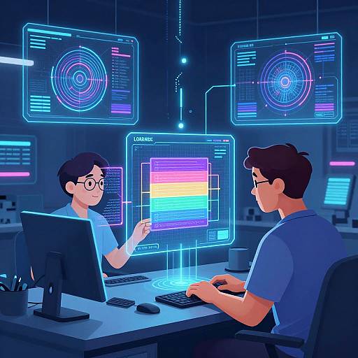Digital illustration of two men in blue shirts working in a dark, high-tech lab with holographic blue screens displaying circular data patterns.