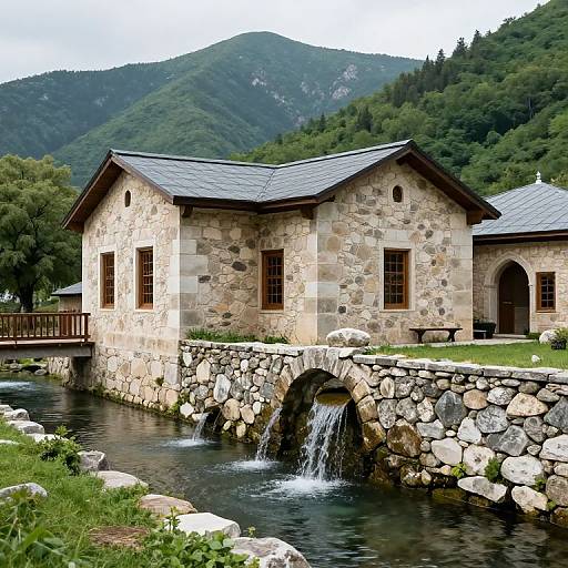 Photograph of a rustic stone house with a gray roof, arched stone bridge over a flowing stream, surrounded by lush green mountains.